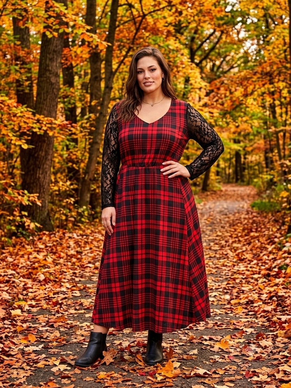 BloomChic Red Plaid Maxi Dress with Black Lace Sleeves
